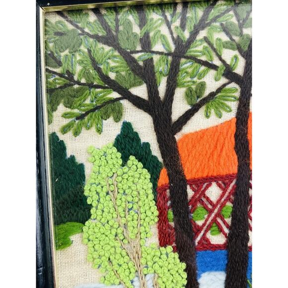 Vintage Crewel Long Stitch Framed Fiber Art Stream Covered Bridge Cottage Trees - Picture 6 of 10